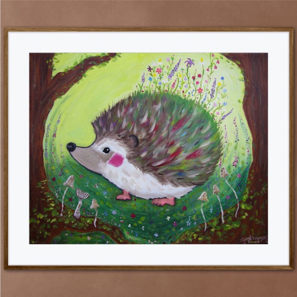 Hedgehog Woodland Hollow Art Print Oil Painting Mushrooms Flower Whimsical Decor